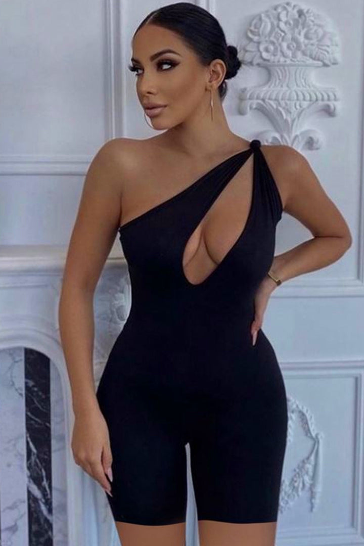 One Shoulder Cut-Out Front Playsuit Romper, Unitard, Tie Back Shoulder, Deep Plunge Neckline, Black One Piece Set