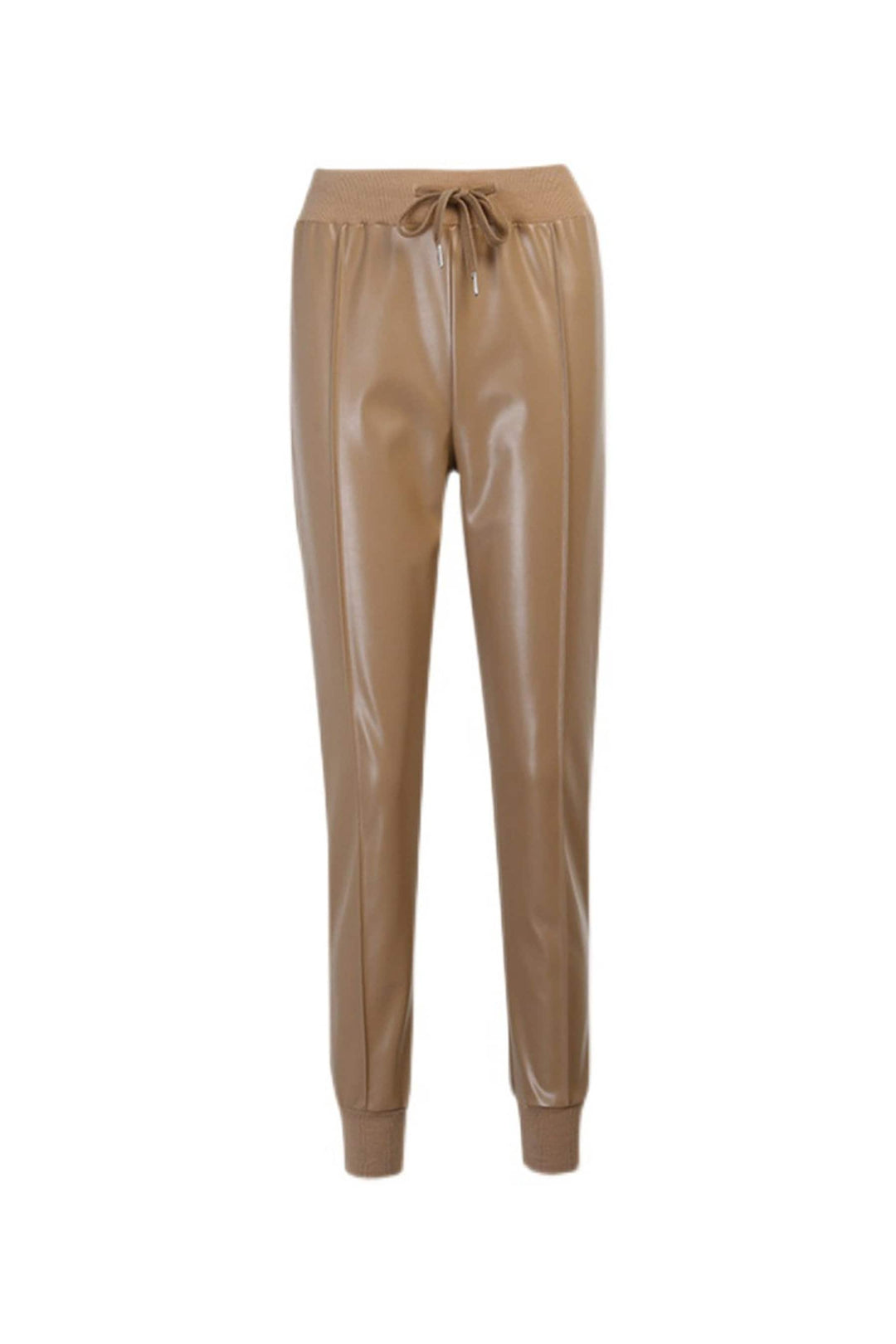 Beige Faux Leather High Waist Joggers, Leather Look Trousers, PU Leather Ankle Length Joggers, Drawstring Joggers