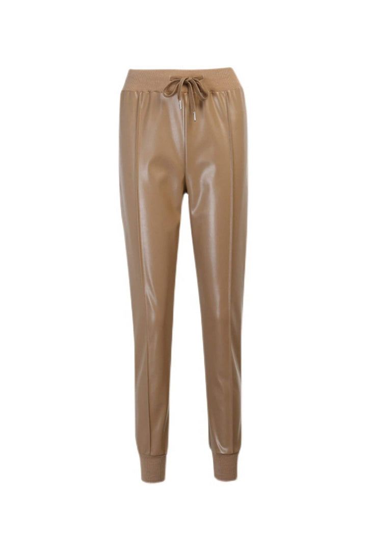 Beige Faux Leather High Waist Joggers, Leather Look Trousers, PU Leather Ankle Length Joggers, Drawstring Joggers