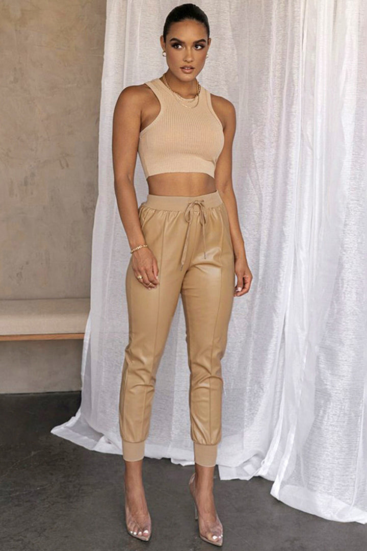 Beige Faux Leather High Waist Joggers, Leather Look Trousers, PU Leather Ankle Length Joggers, Drawstring Joggers