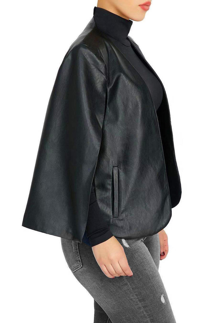 Black Faux Leather Cape Blazer, Solid PU Open Front Cape