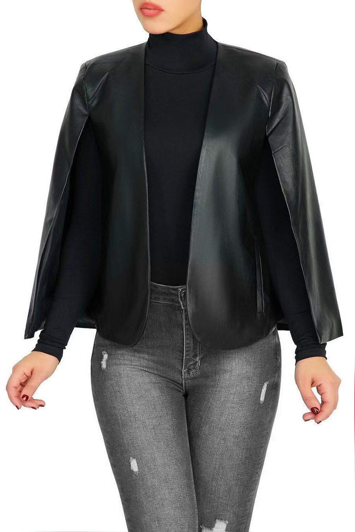 Black Faux Leather Cape Blazer, Solid PU Open Front Cape