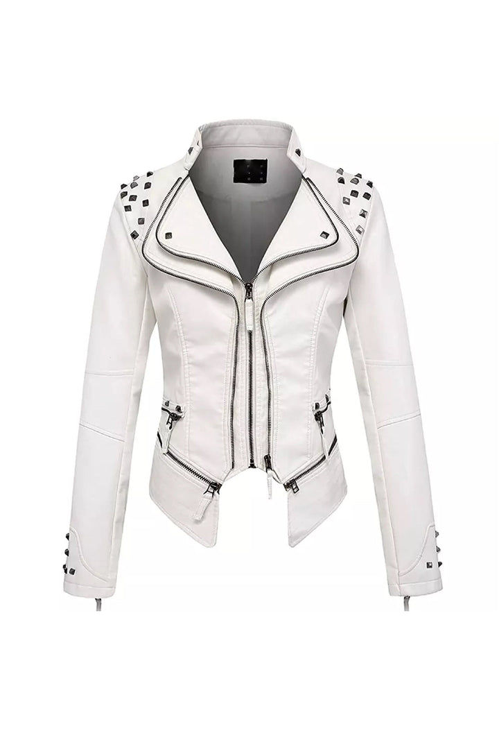 Y2K White Faux Leather Moto Jacket, Metal Studded Biker Jacket, Zip Front PU Leather Jacket