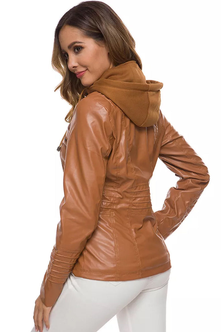 Tan Brown Faux Leather Biker Hoodie Jacket, Baggy Comfy Jacket, Zip-Up Jacket, Four Zipper Front Pockets, Plus Size Jackets