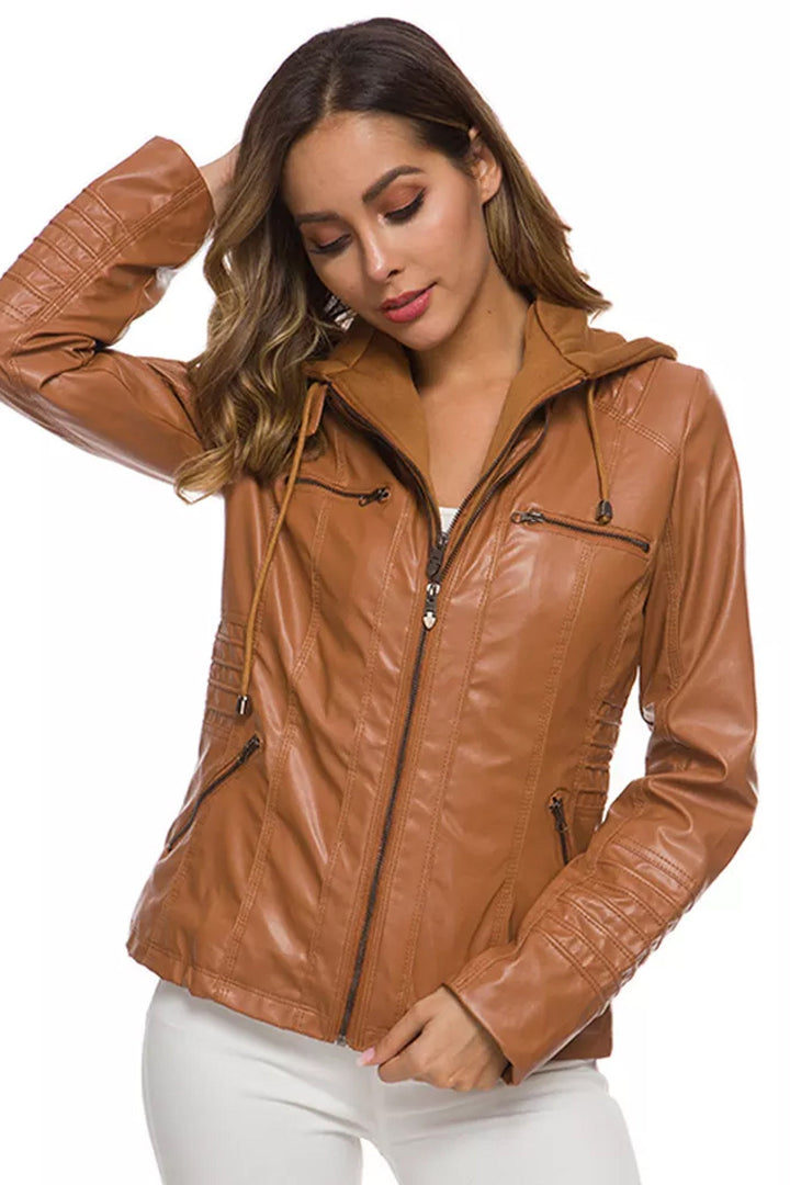 Tan Brown Faux Leather Biker Hoodie Jacket, Baggy Comfy Jacket, Zip-Up Jacket, Four Zipper Front Pockets, Plus Size Jackets