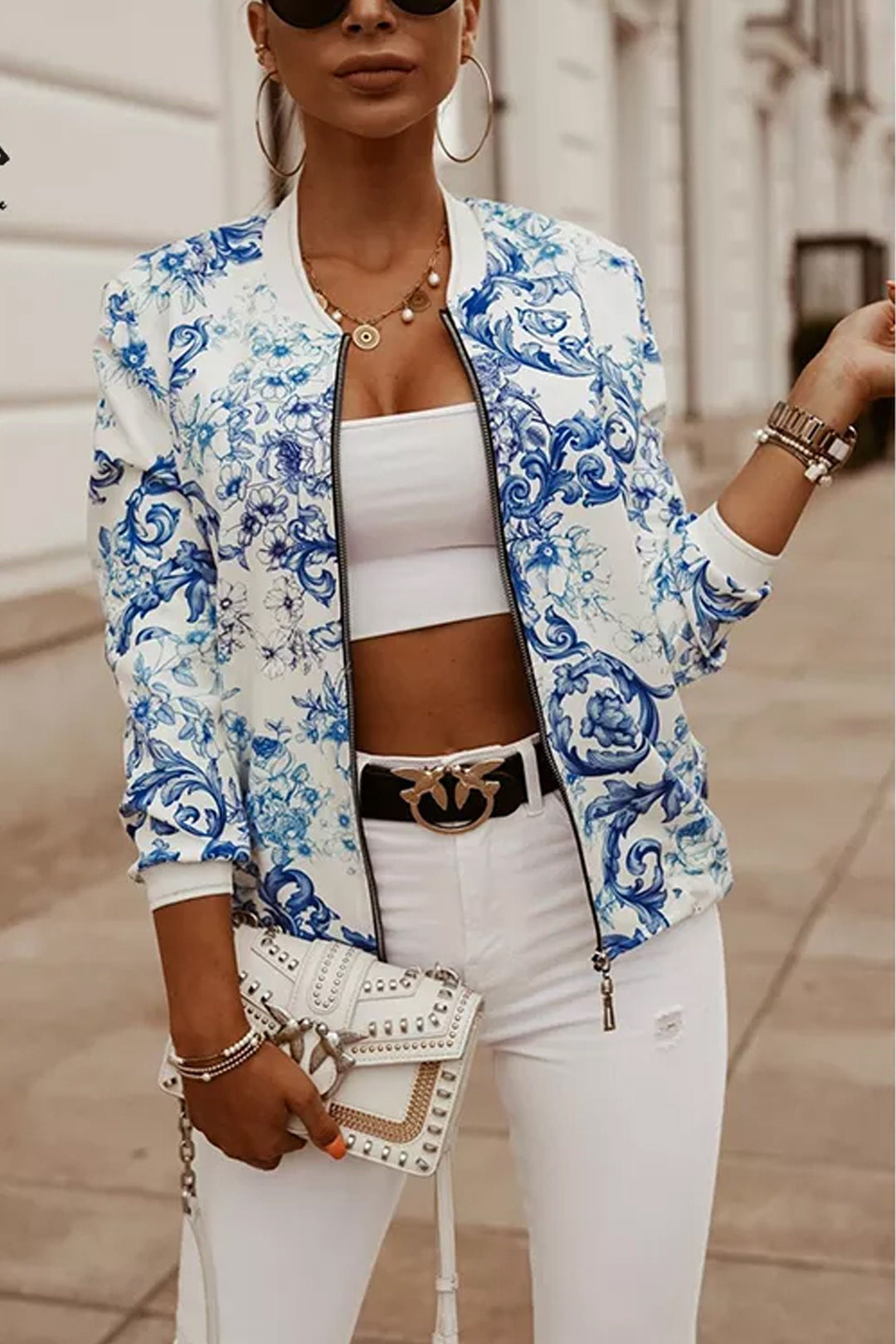 White Floral Print Bomber Jacket, Zip-Up Baseball Collar Jacket, Multicolor Jacket, Available in Black & Blue Design