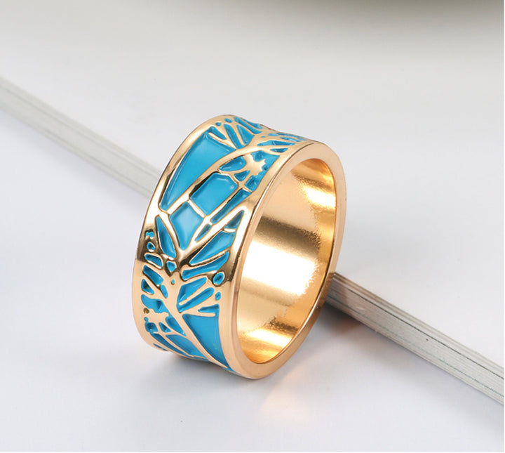 Unique Enamel Ring in Gold Finish, Boho Blue Enamel Wide Ring For Woman