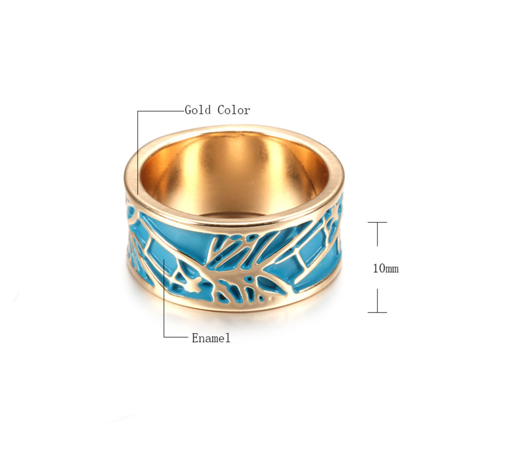 Unique Enamel Ring in Gold Finish, Boho Blue Enamel Wide Ring For Woman