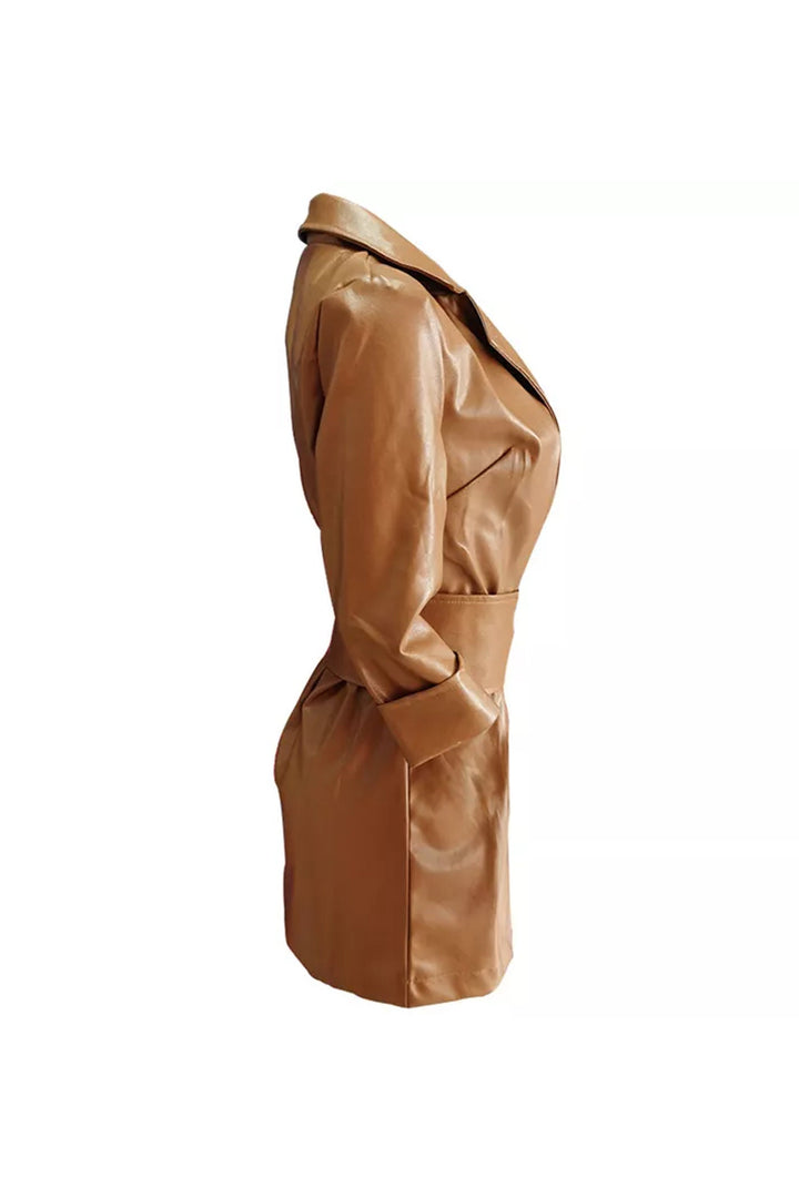 Tan Brown Faux Leather Blazer Dress, PU Mini Dress, Front Tie Detail