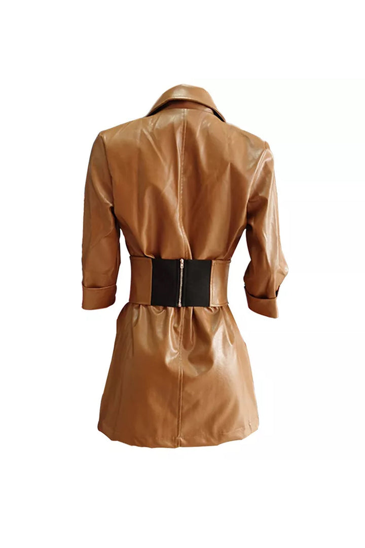 Tan Brown Faux Leather Blazer Dress, PU Mini Dress, Front Tie Detail