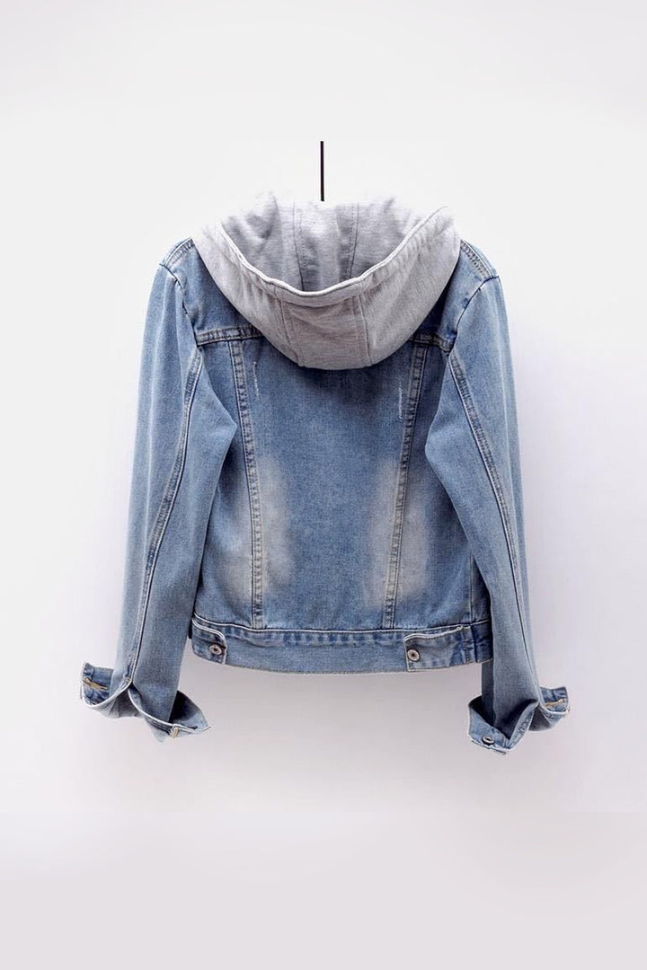 Denim Jacket Hoodie, Button Up Front, Two Pockets, Available in Two Colors