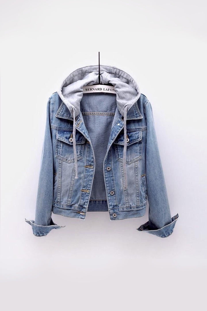 Denim Jacket Hoodie, Button Up Front, Two Pockets, Available in Two Colors