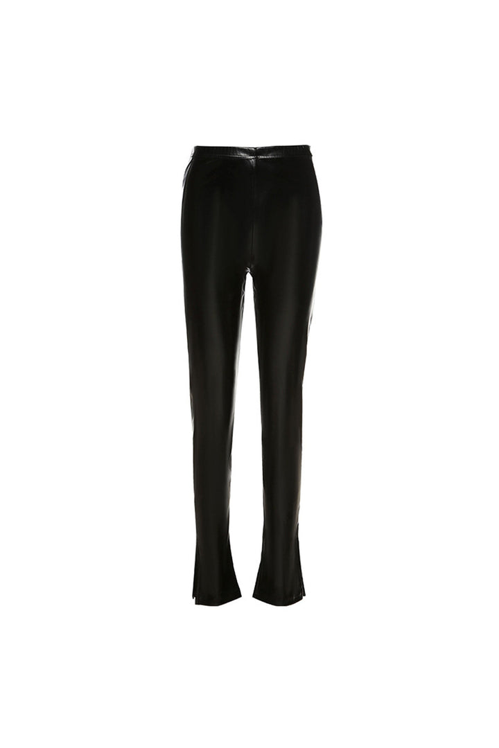 Faux Leather Split Hem Detail Trousers, High Waisted Stretchy Trousers, PU Pants, Available in Black & Green