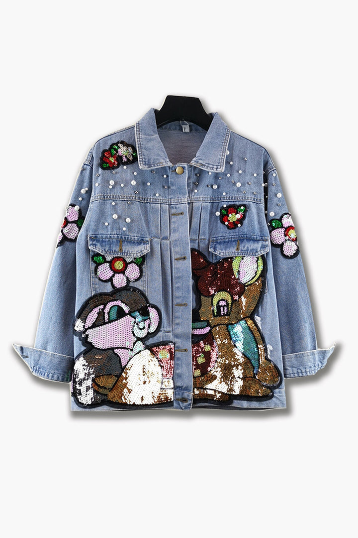 Graphic Sequined Oversized Denim Jacket, Bambi Disney Graphic Pearl Design, Light Blue Wash Denim Jacket, Original Design