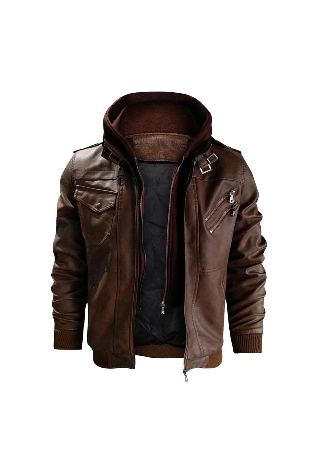 Brown Faux Leather Hoodie Jacket, Motorcycle PU Bomber Jacket, Hoodie Jacket