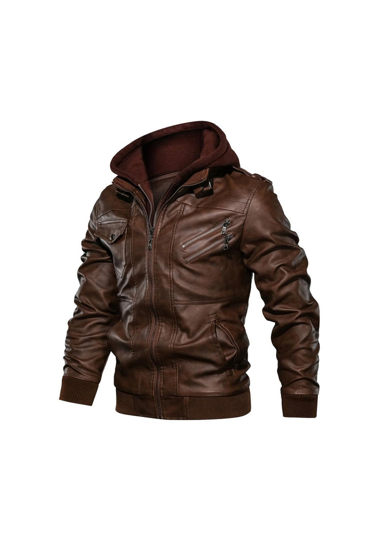 Brown Faux Leather Hoodie Jacket, Motorcycle PU Bomber Jacket, Hoodie Jacket