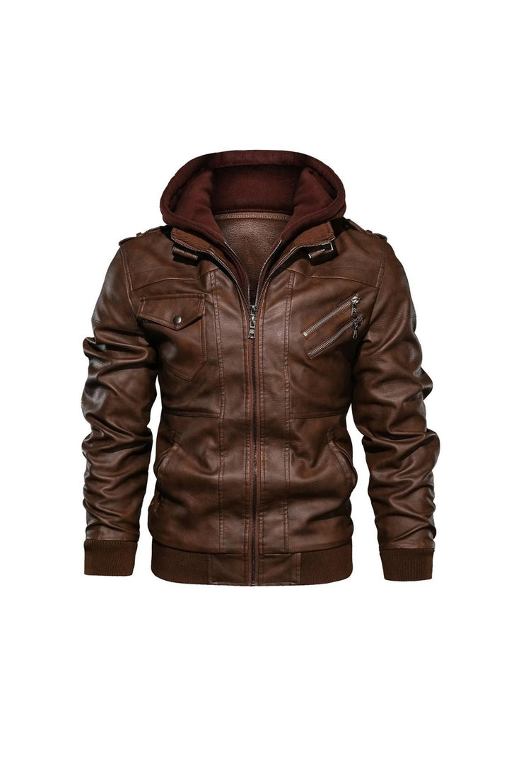 Brown Faux Leather Hoodie Jacket, Motorcycle PU Bomber Jacket, Hoodie Jacket