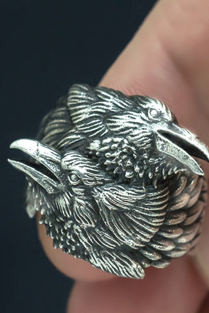 Two Entwined Ravens Ring, Mythology, Crow Stainless Steel Rings, Amulet Jewelry, Antique Silver Finish, Chunky Ring, Mens Silver Ring