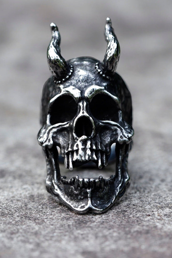 Skull Horn Stainless Steel Ring, Punk, Rock, Gothic theme Amulet Jewelry, Antique Silver Finish, Chunky Ring, Mens Silver Ring