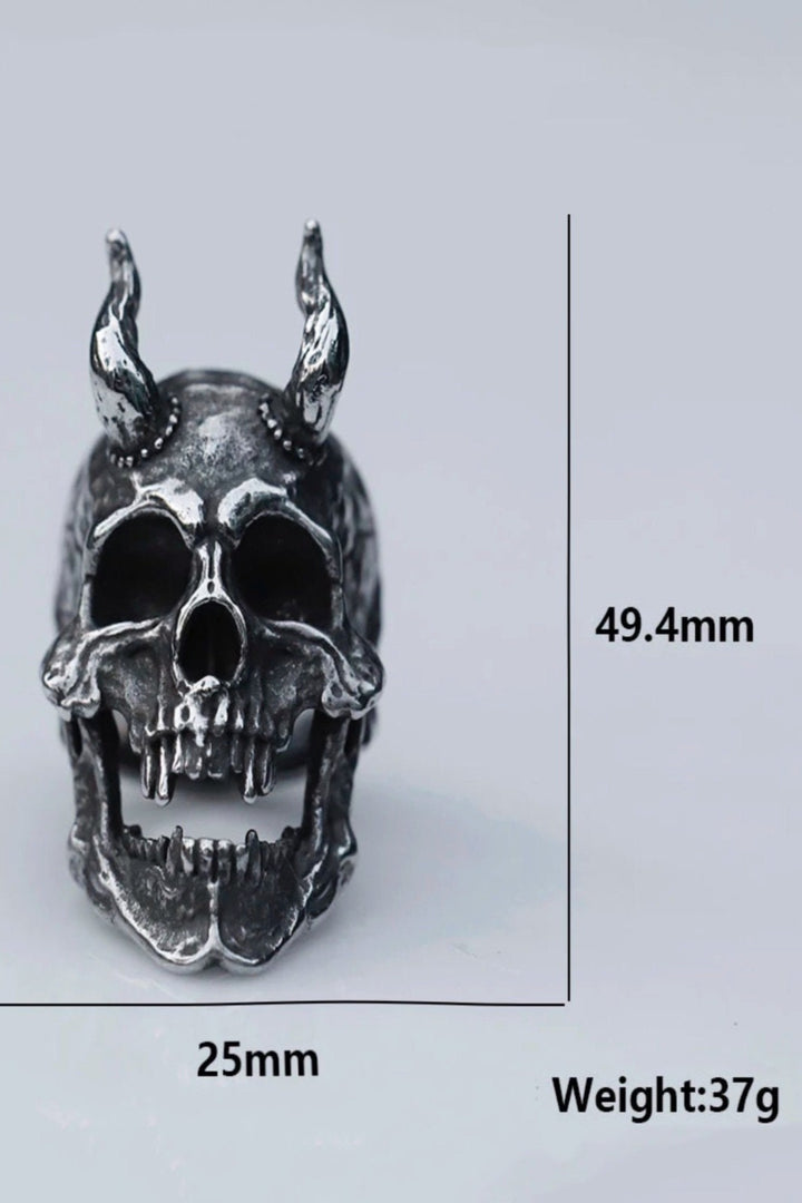 Skull Horn Stainless Steel Ring, Punk, Rock, Gothic theme Amulet Jewelry, Antique Silver Finish, Chunky Ring, Mens Silver Ring