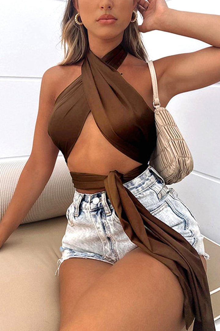 Chocolate Brown Satin Scarf Top, Tie Back Wrap Halter Crop Top, Y2K Baddie Soft Girl Crop Top, Available in Brown & Green