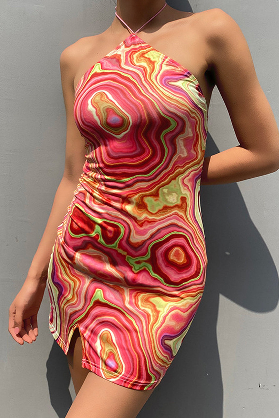 Swirl Marble Print Ruched Split Thigh Mini Dress, Strappy Spaghetti Bodycon Dress, Halter Neckline Dress, Y2K Dress