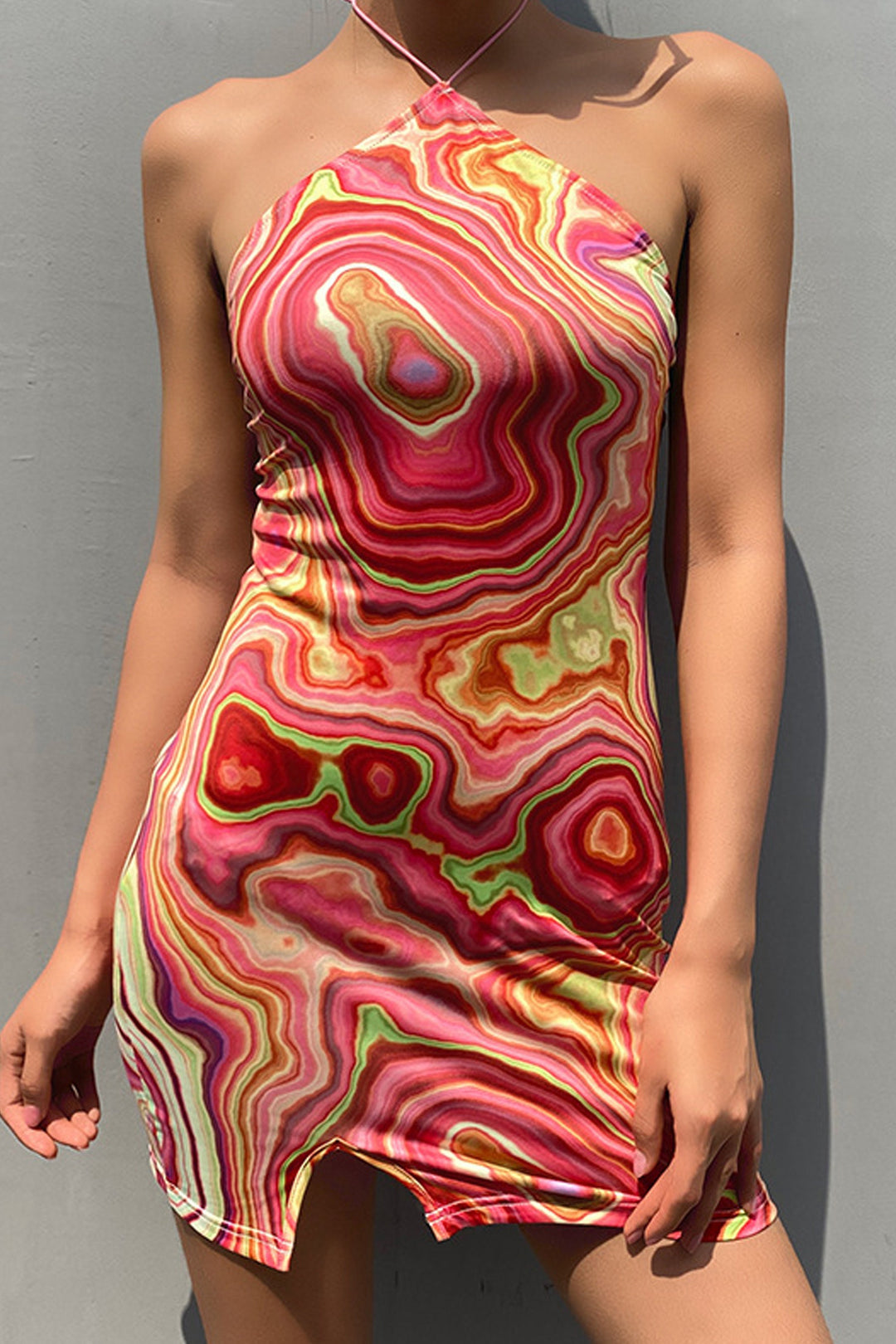 Swirl Marble Print Ruched Split Thigh Mini Dress, Strappy Spaghetti Bodycon Dress, Halter Neckline Dress, Y2K Dress