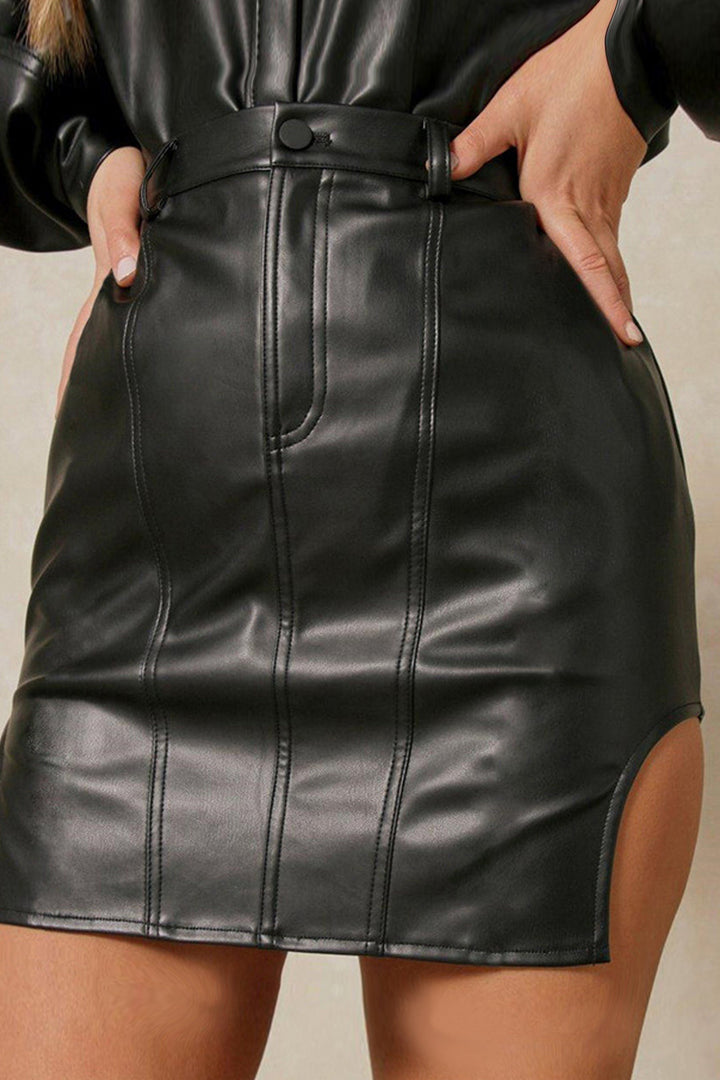 Black Faux Leather Mini Skirt, Split Thigh Side Slit, High Waisted Button Zipper Closure