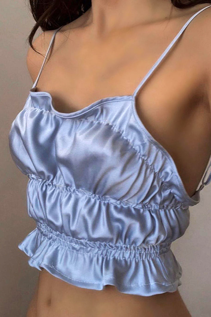 Ruched Satin Crop Top, Lettuce Hem Spaghetti Strap Crop Top, Available in Metallic Blue & Black