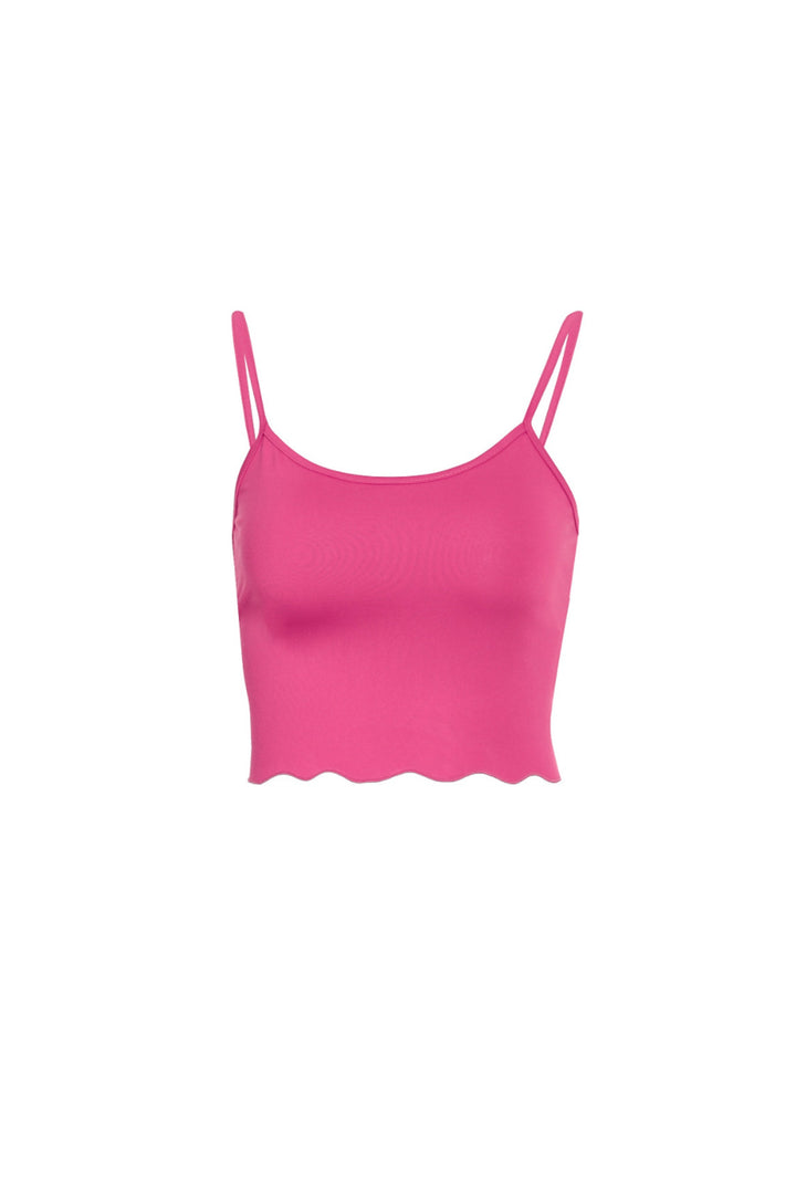 Fuchsia Pink Cami Crop Top, Contrast Stitch Lettuce Hem Crop Top, Spaghetti Straps