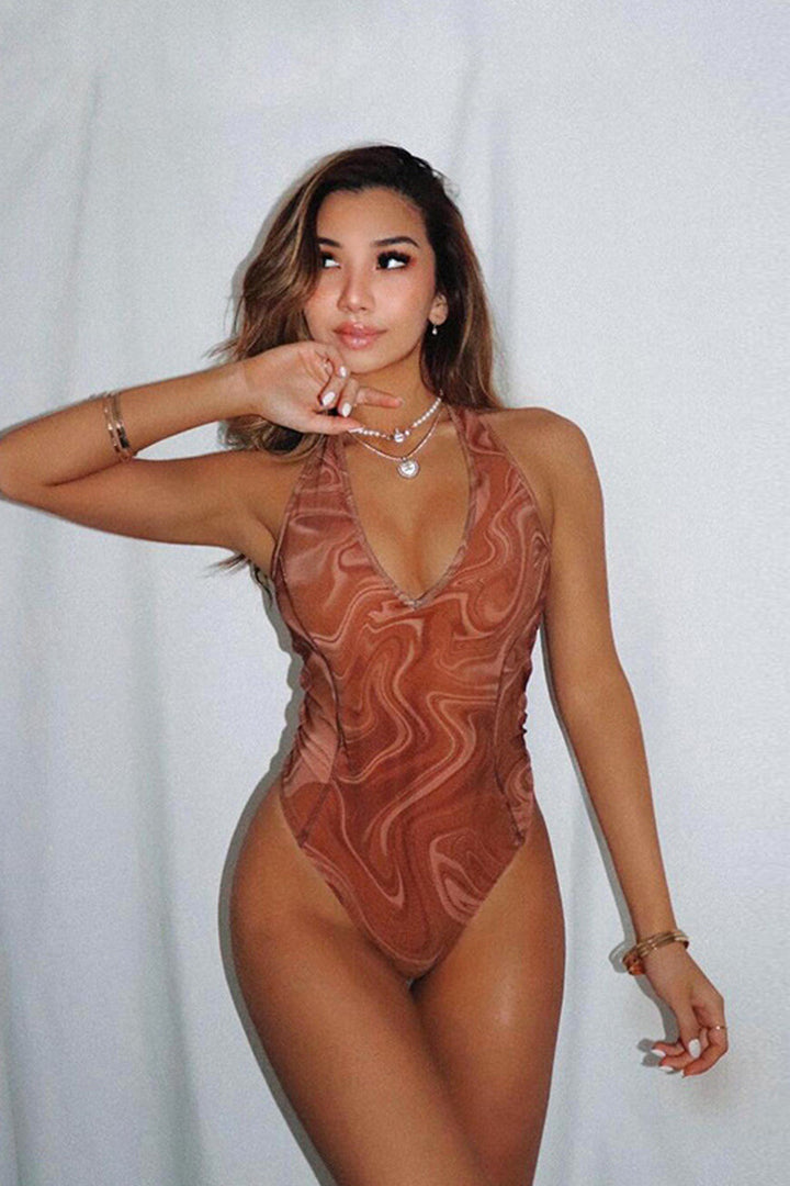 Brown Swirl Marble Print Halter Neck Bodysuit, Halter Neck Sleeveless Bodysuit