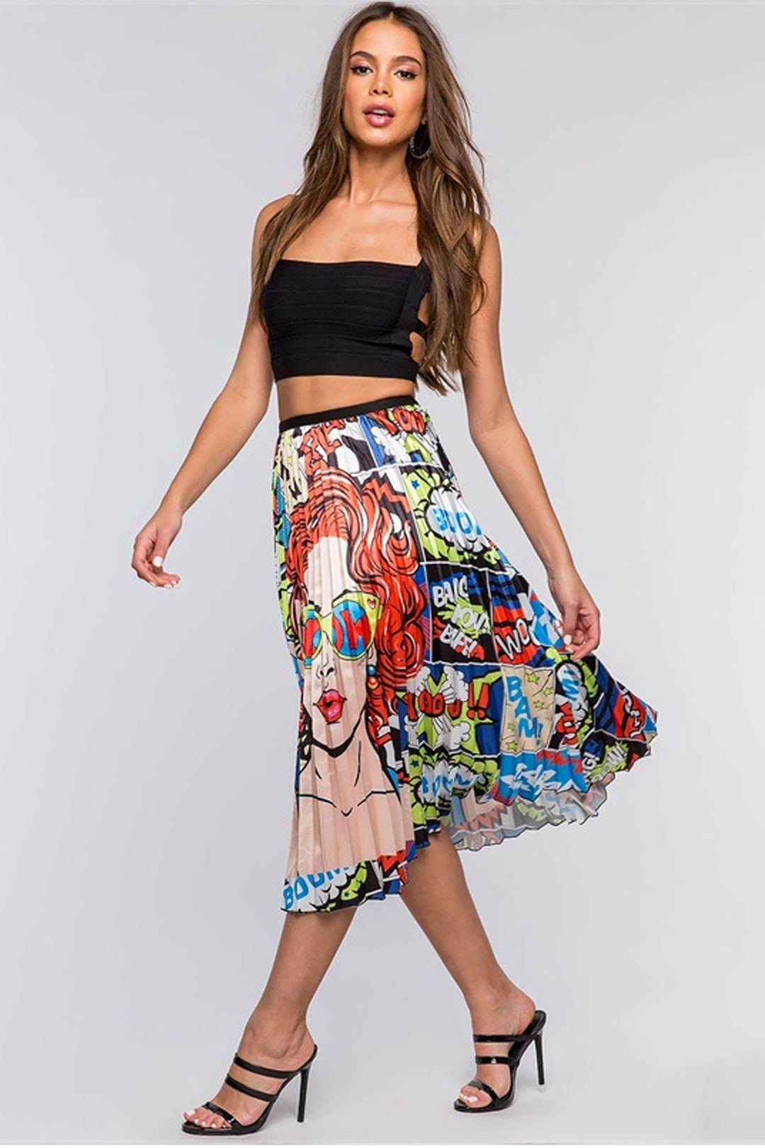 Graphic Comic Collage Print Skirt, Flared Maxi Skirt, Elastic Waistband, Available in Orange & Yellow Theme