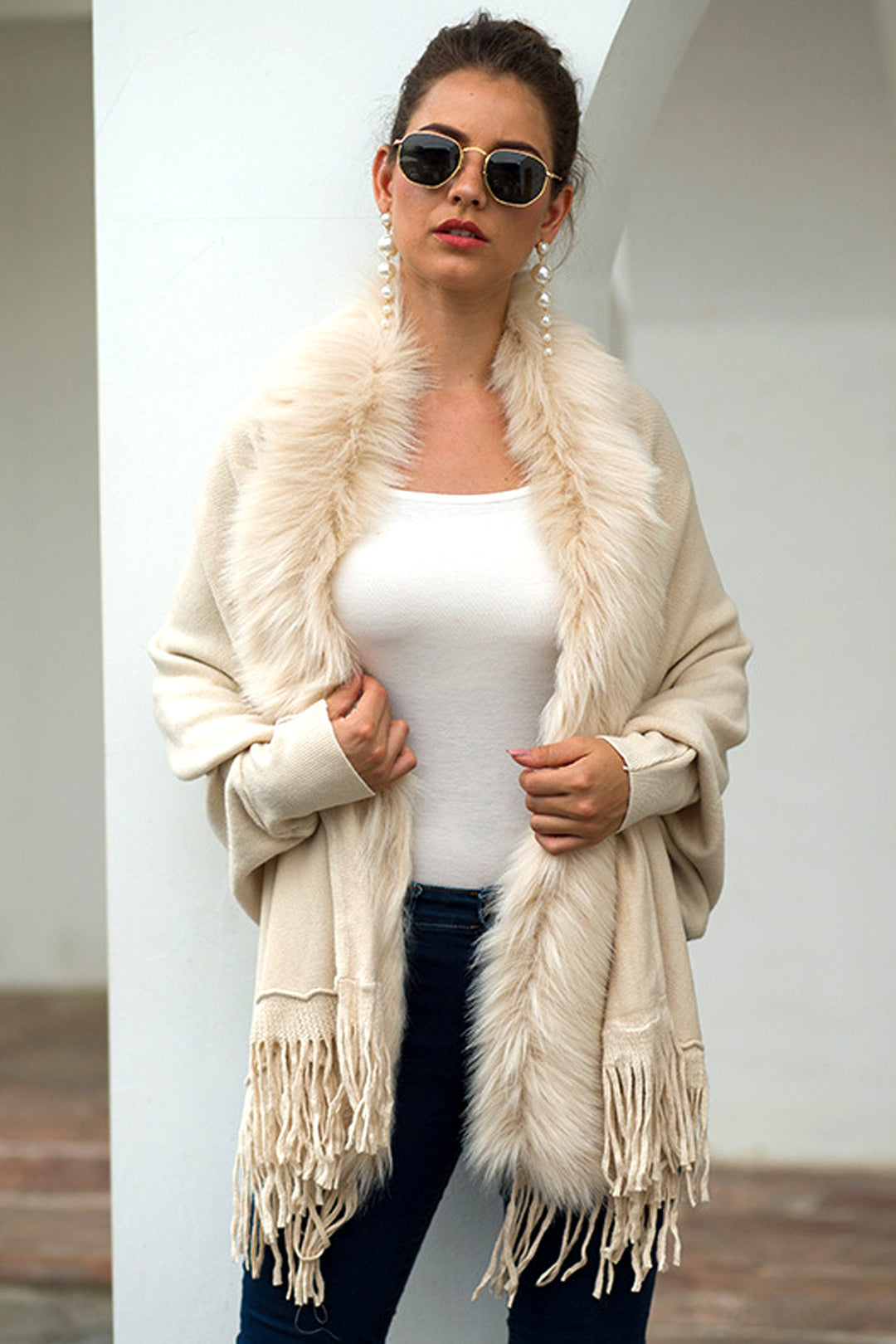 Y2K Faux Fur Trim Long Cardigan, Fuzzy Trim Textured Knit Cardigan Jacket, Available in Beige & Black