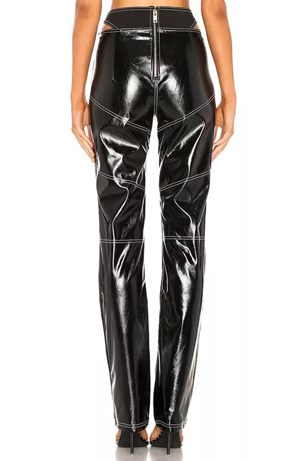 Black Faux Leather Cut Out Waist Trousers, High Waisted Straight Leg Trousers, White Contrast Stitching, Button Zipper Closure