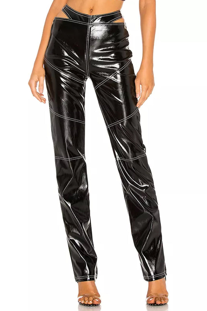 Black Faux Leather Cut Out Waist Trousers, High Waisted Straight Leg Trousers, White Contrast Stitching, Button Zipper Closure