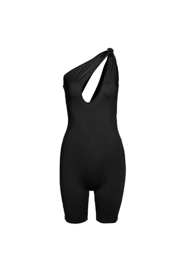 One Shoulder Cut-Out Front Playsuit Romper, Unitard, Tie Back Shoulder, Deep Plunge Neckline, Black One Piece Set