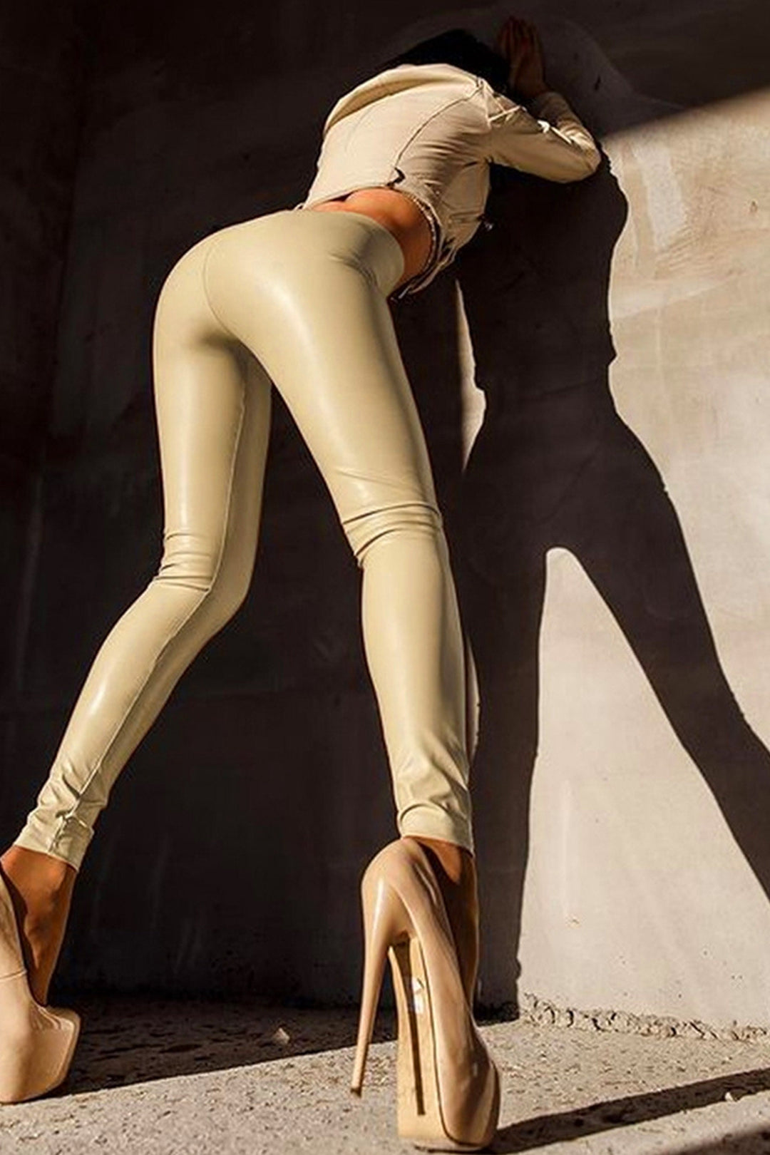 Faux Leather High Waist Leggings, PU Skinny Ankle Leggings, Available in Brown, Beige & Black