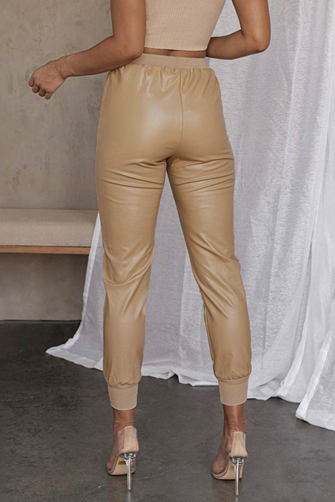 Beige Faux Leather High Waist Joggers, Leather Look Trousers, PU Leather Ankle Length Joggers, Drawstring Joggers