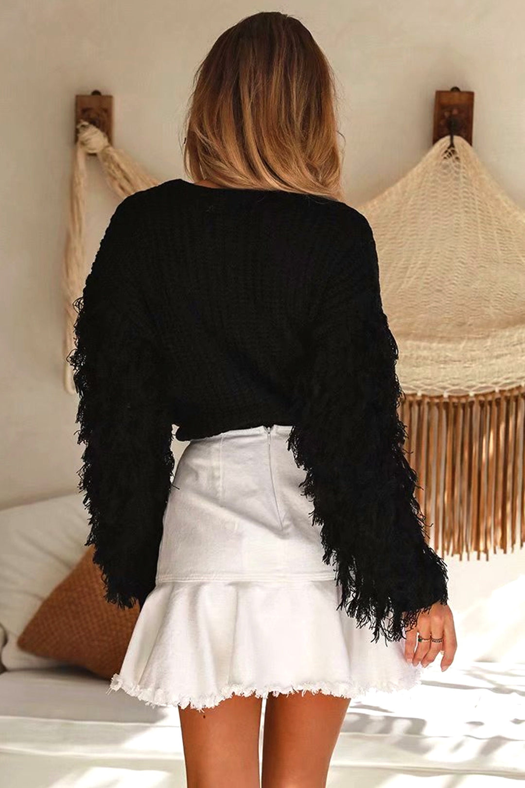 Oversized Knitted Tassel Cardigan Top, Fringe Trim Solid Knit Cardigan Tee, Available in Black, Caramel Brown & Jade Green