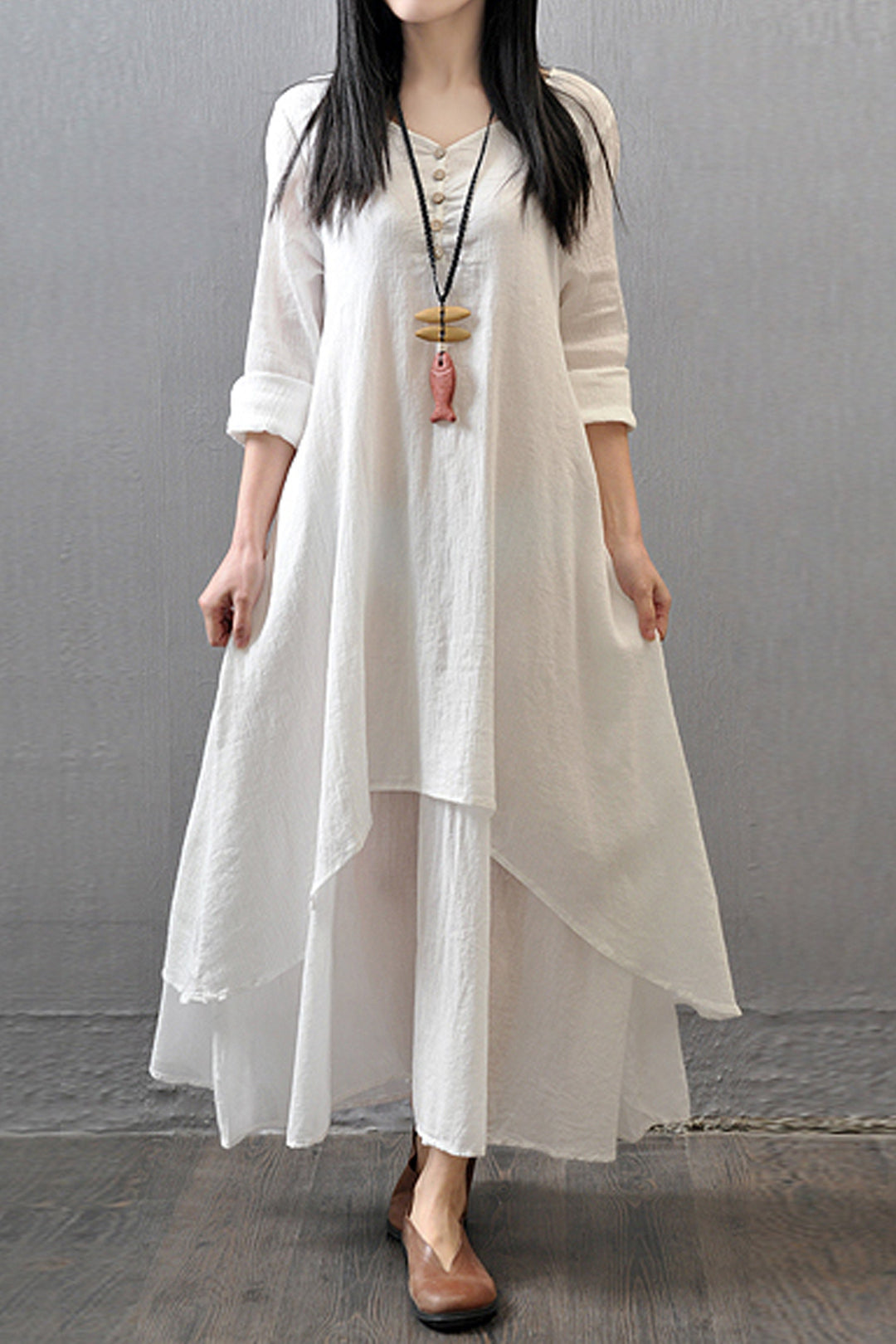 Flare Hem Linen Layered Maxi Dress, Double Layered Button Up Front Dress, Available in White, Olive Green & Black