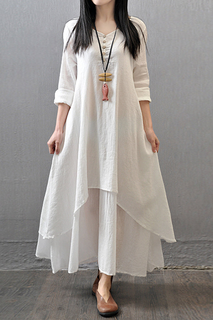 Flare Hem Linen Layered Maxi Dress, Double Layered Button Up Front Dress, Available in White, Olive Green & Black