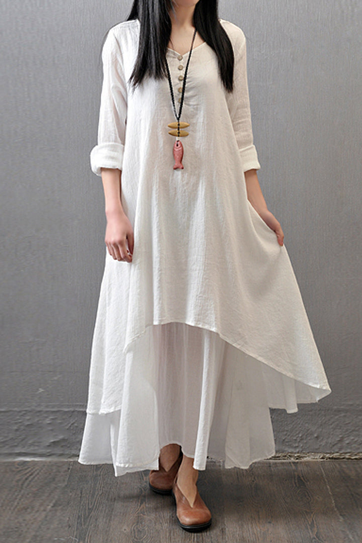 Flare Hem Linen Layered Maxi Dress, Double Layered Button Up Front Dress, Available in White, Olive Green & Black