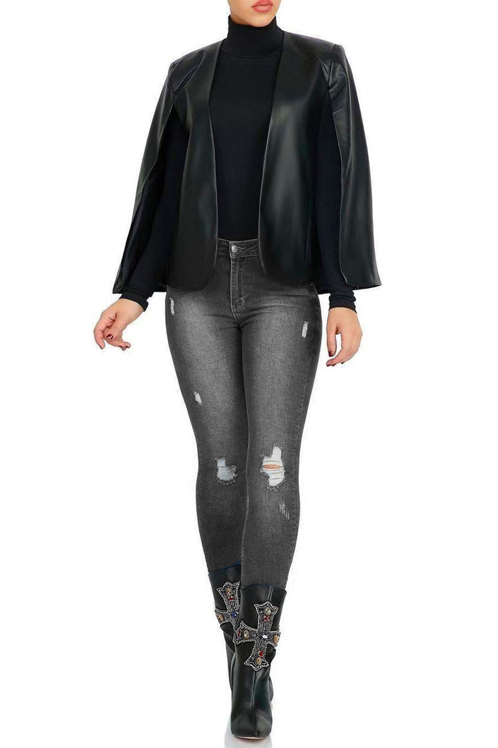 Black Faux Leather Cape Blazer, Solid PU Open Front Cape