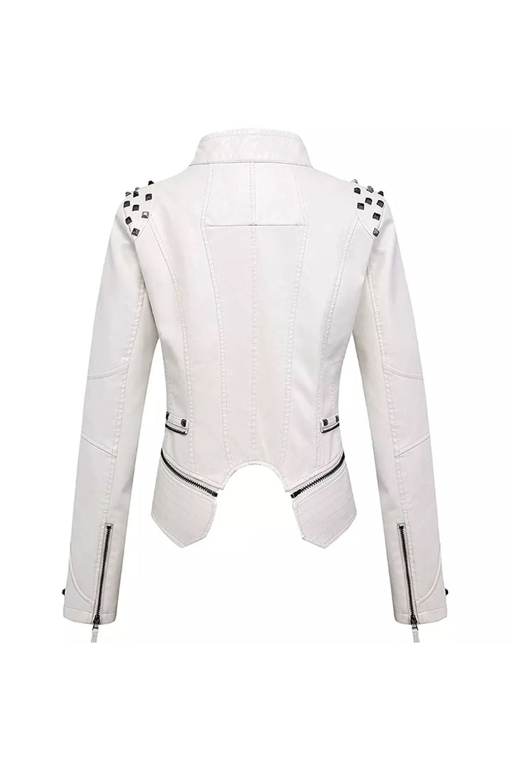 Y2K White Faux Leather Moto Jacket, Metal Studded Biker Jacket, Zip Front PU Leather Jacket