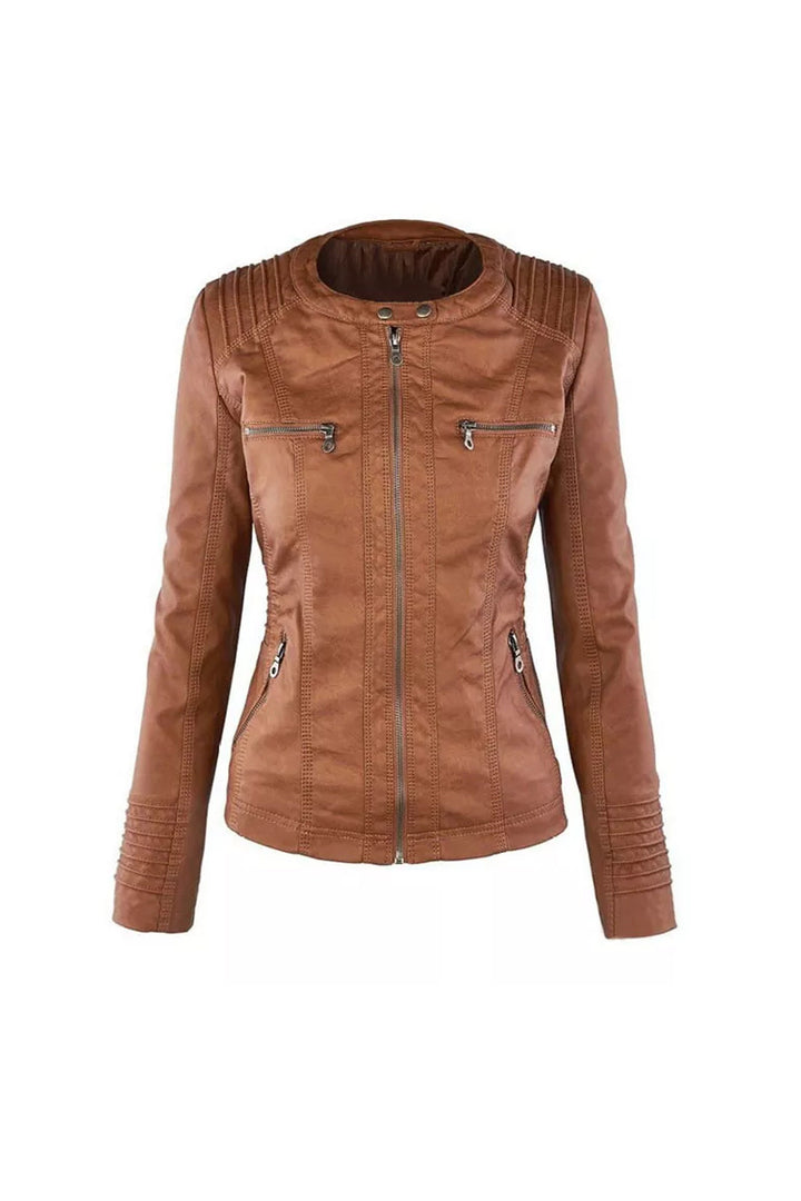 Tan Brown Faux Leather Biker Hoodie Jacket, Baggy Comfy Jacket, Zip-Up Jacket, Four Zipper Front Pockets, Plus Size Jackets