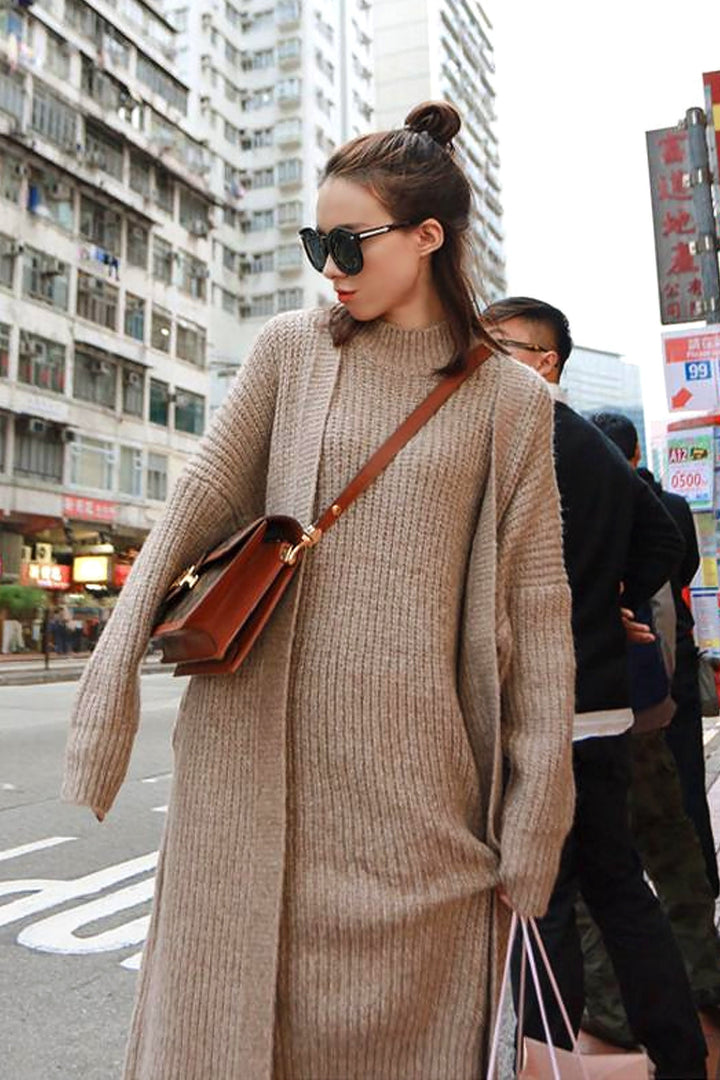 Knit Cardigan & Dress Set, Oversized Sleeveless Turtleneck Jumper Midi Dress, Long Cardigan, Available in Beige and Grey