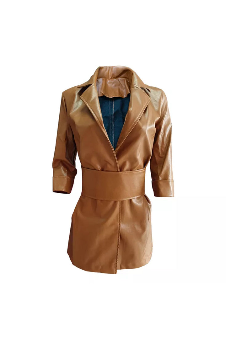 Tan Brown Faux Leather Blazer Dress, PU Mini Dress, Front Tie Detail