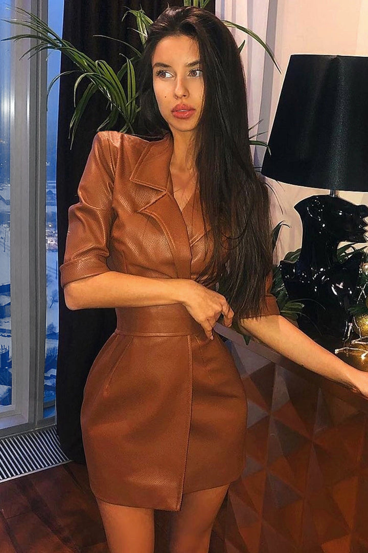 Tan Brown Faux Leather Blazer Dress, PU Mini Dress, Front Tie Detail