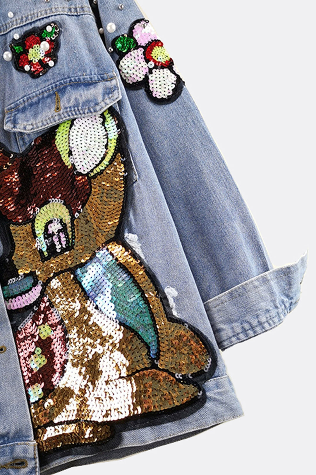 Graphic Sequined Oversized Denim Jacket, Bambi Disney Graphic Pearl Design, Light Blue Wash Denim Jacket, Original Design