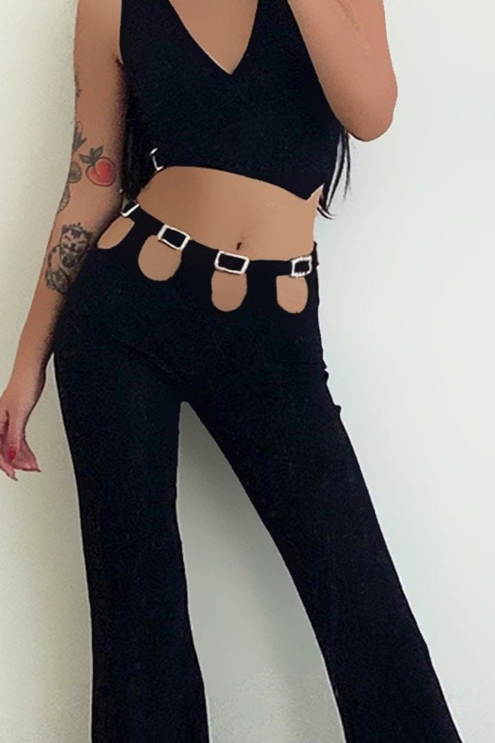 Black Cut Out Waist Silver Metal Belted Bootcut Flared Trousers